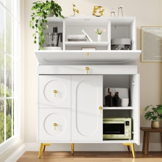 Merax Küchenschrank (100×50×140cm), Sideboard, Vorratsschrank, Esszimmerschrank, mit Falttüren, Multifunktionaler Stauraum, Weiß