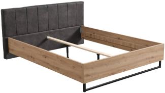 Doppelbett Holzbett Polsterbett 180x200 cm Bett Eiche Stoff Grau Bettgestell Industrial Style