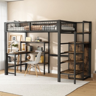 STILVORA Hochbett 90×200 mit Schreibtisch,Jugendbett mit Kleidungschrank,ohne matratze (aus Metall mit Einbauschrank und Schreibtisch – platzsparende Lösung für Jugend- und Arbeitszimmer, 90x200 cm) ohne Matratze
