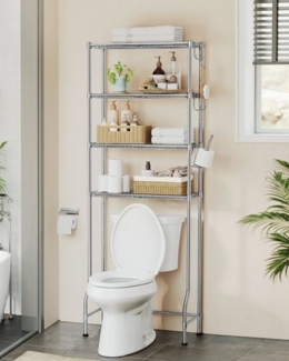 Songmics 4-stöckiges Toilettenregal mit verstellbaren Ablagen und Toilettenpapierhalter, Metall taubengrau, 30 x 63 x 176 cm