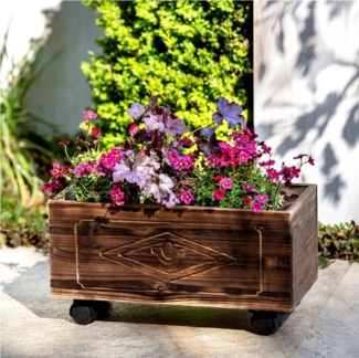 HAC24 Blumenkasten Mobiler Pflanzenwagen aus Holz Pflanzkasten Blumen Pflanzen Rollwagen (1 St), Länge 44 cm
