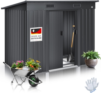 KESSER® - Gerätehaus L Metall 4 m³ mit Fundament | 210x122x186 cm | 2x Schiebetür & Fundament | Geräteschuppen | Gartenhaus Schrank | Pultdach Garten Schuppen | Inkl. Arbeitshandschuhe Anthrazit