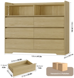 Homfa Kommode Sideboard Komodenschrank, mit 6 Schubladen und 2 offenen Fächern, Breite 120cm Höhe 100cm