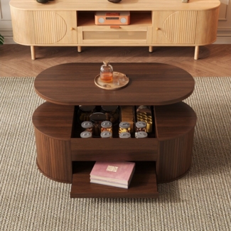 MODFU Couchtisch höhenverstellbarer Couchtisch mit Holzoptik (Beistelltisch, Sofatisch, 1-St, ausziehbarem Regal), mit gebogenen Holzseiten