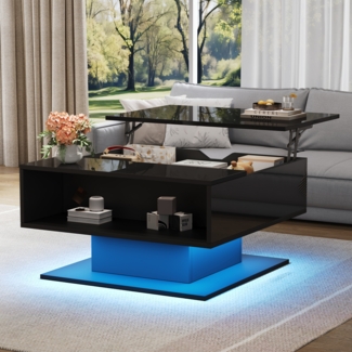 Couchtisch mit LED-Beleuchtung, verstecktem Stauraum und Hochglanzoptik, Lift-Design Sofatisch in Schwarz, mit USB-Anschluss