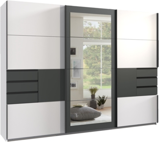 Schwebetürenschrank Kleiderschrank 270 cm 3-türig Schubladen Spiegel Weiß Grafit