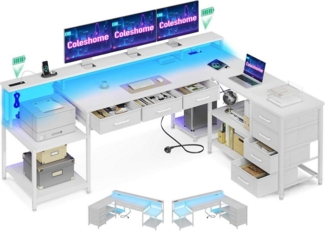 LuxusKollektion Eckschreibtisch Gaming Tisch 7 Schubladen RGB LED Eckschreibtisch L-Form 2 Steckdosen