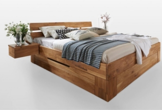 Lomadox Bett NORDDEICH-137, Wildeiche massiv, Liegefläche 180x200 cm, Nachttische, Schubkästen