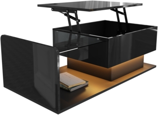 Couchtisch, Beistelltisch, Couchtisch mit Glas und LED-Effekt, mit Glasplatte, Hochglanz Schwarz