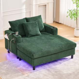LVHOM Schlafsofa mit LED & USB, Cordstoff Palmensessel, Loungesofa mit Seitentaschen & Getränkehalter, 350kg Tragkraft, 128x85x142 cm, Grün