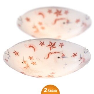 Deckenleuchte Kinderzimmer 2er Set Kinderlampe Decke Einhorn Glas Rund Junge.