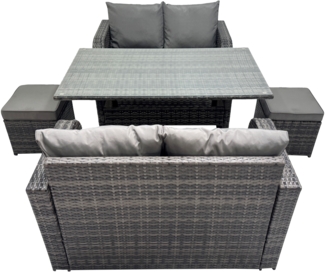 Fimous 6 Sitzer Dunkelgrau gemischt Polyrattan Gartenmöbel-Set Liebe Sofa 2 Sitzer Sofa Set Outdoor Rechteckiger Esstisch mit 2 Hockern