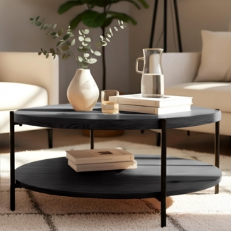 CLP Couchtisch Edduma rund aus Holz 2 Ebenen Metallgestell schwarz,grau Ø 80 cm