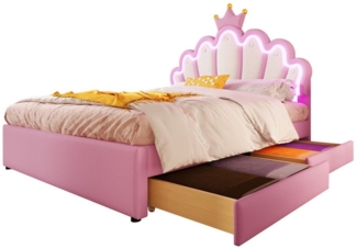 OKWISH Polsterbett Funktionsbett, kronenförmiges Prinzessinnenbett (Polsterbett, für Kinder, mit 16 Farben LED-Licht, 2 Schubladen,verstellbarem Kopfteil und Kronen-Design, 140*200cm), ohne Matratze