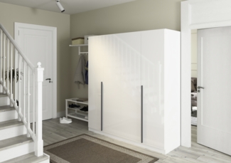 rauch Kleiderschrank Alba, Drehtürenschrank, Garderobenschrank, 4-türig, mit 3 Kleiderstangen, 4 Einlegeböden und Schubladeneinsatz, Farbe Hochglanz Weiß/Weiß, Griffstange Grau metallic, Schwarz, 181x197x54cm