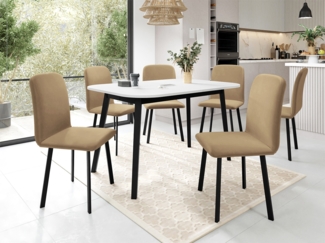 Essgruppe ML02, Rechteckiger ausziehbarer Esstisch Drota S mit 6 Stühlen Lanoi (Farbe: Amor Velvet 4302, Weiß/Schwarz)
