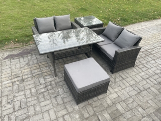 Fimous Polyrattan Gartenmöbel-Set Rechteckiger Esstisch Großer Fußhocker Beistelltisch Dunkelgrau gemischt