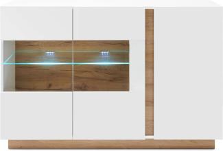 Vitrinen-Sideboard CELLE-61 in weiß Glanz und Grandson Oak Eiche Nb, B/H/T: 138/91/40cm