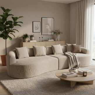 skølm 'Loki' Sofa 4 Sitzer, Vollschaumcouch mit Vakuum-Kompression, kein Aufbau erforderlich, mit 4 Kissen, Teddy-Bouclé Stoff beige