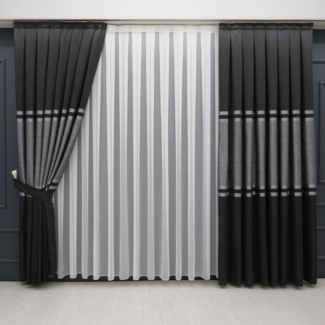 Gardinen by Justyna Vorhang Vorhang Komplett-Set Vorhang Schwarz Grau – Falten mit Store (5 St), Kräuselband, halbtransparent, Fertiggardine, Halbtransparent, Faltenband, Komplett-Set, Pflegeleicht