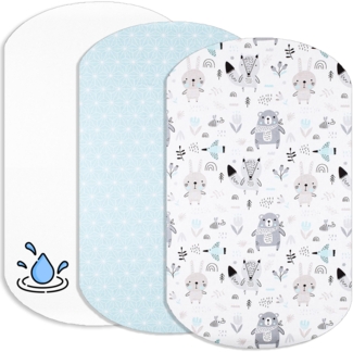 Lovely Hippo 2X Spannbettlaken 100% Baumwolle + 1X Matratzenschoner 100% wasserdichtem Material - Set 3X Kompatibel mit Iora (Blaue Tiere, 60 x 80 cm)