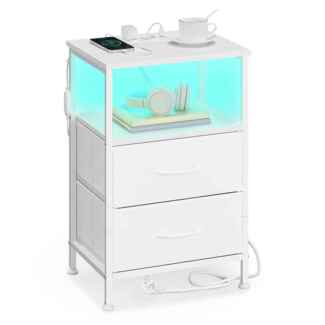 SONGMICS Nachttisch mit LED-Beleuchtung und Ladestation, Nachttisch mit 2 Schubladen und offenem Fach, weiß