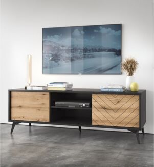 Lomadox Lowboard DALE-160, Fernsehschrank Wohnzimmer schwarz mit Eiche 154 x 50 x 39 cm