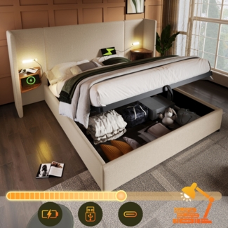 Merax Polsterbett Doppelbett 160×200 mit Nachttisch, Leselampe und USB Type-C Ladefunktion, Bettanlage Stauraumbett Bettgestell mit Lattenrost aus Massivholz und Metall, Beige, Leinen(Ohne Matratze)