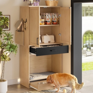Flieks Hochschrank Tierschrank mit Futternäpfe, Hundebett und Haken (1-St, B79/T40/H160 cm) Tiermöbel Mehrzweckschrank mit Schubladen und verstellbaren Ablagen