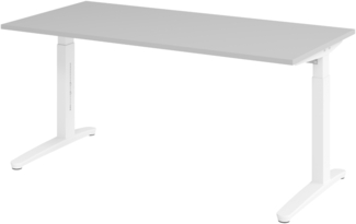 bümö manuell höhenverstellbarer Schreibtisch 160x80 in grau, Gestell in weiß - PC Tisch höhenverstellbar & groß, höhenverstellbarer Tisch Büro, großer Computertisch verstellbar, X16-5-WW