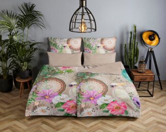 hip Wendebettwäsche Indah, Satin, 2 teilig, Mako-Satin, 135x200, Reißverschluss, Wende, Blumen, Tropisch, Sand
