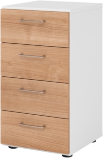bümö smart Schubladenschrank, Büroschrank in Weiß/Nussbaum mit 4 Schüben - Bürocontainer aus Holz, Container mit Metallgriffen & Soft-Stop Schubladen, 924S4-W-N-BS