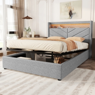 Merax Polsterbett LED Hydraulisches Doppelbett 140x190cm mit USB-Laden und Stereoanlage, Leinen, Grau