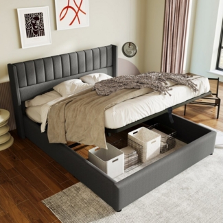 STILVORA Polsterbett 160x200 Hydraulisch Doppelbett mit Stauraum&Lattenrost aus Metallrahme (160x200cm Grau Leinen ohne Matratze), Bett mit Lattenrost aus Metallrahmen, Lattenrost aus Holz