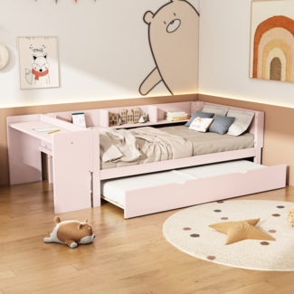 Kinderbett 90x200 cm mit ausziehbarem Rollbett, integriertem Schreibtisch und 3 Regalfächern,Rosa, multifunktionales Bett mit Stauraum und Lernbereich