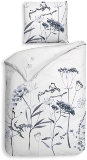 Heckett & Lane Satin Bettwäsche 135x200 Luna White Wiesenblumen Gräser blaugrau