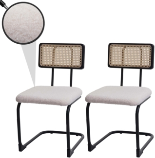 2er-Set Freischwinger-Stuhl HWC-K88, Stuhl Lehnstuhl, Holz Rattan Metall Bouclé ~ Stoff/Textil weiß