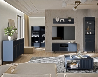 Lomadox Wohnwand LAURO-161, (6-St, Sideboard Vitrine Wandregal Lowboard Highboard Couchtisch), Wohnzimmer Set Indigo blau modern mit Rillenoptik und Beleuchtung