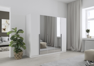 rauch Kleiderschrank Alba, Drehtürenschrank, Garderobenschrank, 5-türig, mit Spiegel, 4 Kleiderstangen, 5 Einlegeböden und Schubladeneinsatz, Farbe Weiß, Griffstange Grau metallic, Schwarz, 226x197x54cm