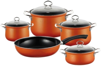 Riess Corall Set Orangefarbenes Set mit 4 Töpfen mit Deckel und Emaille-Pfannen