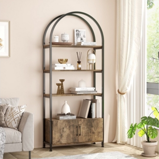 GarveeMore Bücherregal Gewölbtes mit 2 Türen,stabilem Metallrahmen,181cm, 4-stöckiges gewölbtes Ausstellungsregal für Büro,Schlafzimmer,weiß