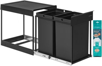 SONGMICS Mülleimer küche, Mülltrennsystem für Unterschrank, 2x20 L, Abfalleimer 2 Fächer, ausziehbar, Stahlrahmen, ABS-Deckel, tintenschwarz LTB951B01