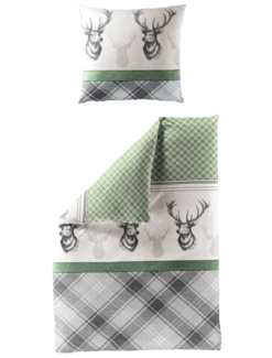 Bierbaum Biber Bettwäsche 155x220 Hirsch Karo Streifen silber grün 4035-30