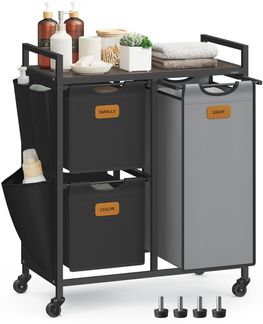 VASAGLE Wäschekorb 3 Fächer, Wäschesammler 100 L, Wäschesortierer, Rollen, Wäschewagen mit Ablage, Wäschesack, kleine seitliche Taschen, 6 Etiketten, kastanienbraun-tintenschwarz-taubengrau