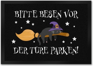 speecheese Fußmatte Hexen Katze auf Besen Fußmatte in 35x50 cm Bitte vor der Türe parken