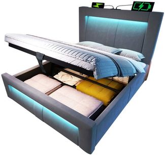 BlingBin Stauraumbett Einzelbett Doppelbett hydraulisches Bett (Modernes Polsterbett 90x200 cm, 1-tlg, mit LED Licht, USB Schnelllade- & Typ-C-Anschluss), mit Lattenrost, stabiles Bettgestell aus Metall und Holz