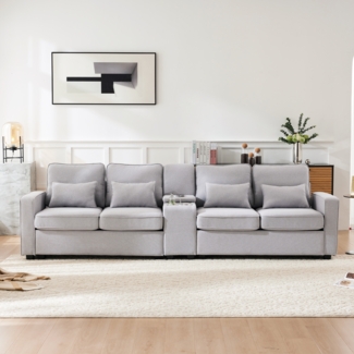 Sofa Sitzfläche 290 x 83 x 88 cm, 4‑Sitzer Leinenstoff mit USB, Getränkehaltern und Stauraum, grau