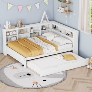 REDOM Stauraumbett Multifunktionales Schlafsofa Daybett Tagesbett Kinderbett (140x200 cm aus Massivholz, Ausziehbett 90x190 cm, USB-Steckdose und Stauraum, modernes Doppelbett in Grau für Gäste und kleine Wohnungen), ohne Matratze