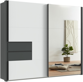 SCHWEBETÜRENSCHRANK B262/H216/T65 cm, Korpus+Passepartout+Schubladen Grafit, Türen Weiß / Spiegel, inkl. Vollausstattung