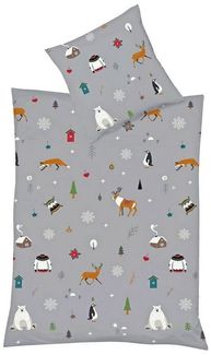 Fleuresse Mako-Satin Bettwäsche 135x200 Fuchs Hirsch Winter Bäume grau 114324-07